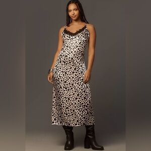 Anthropologie V-Neck Open Back Lace Trim Animal Print Slip Dress Size Medium